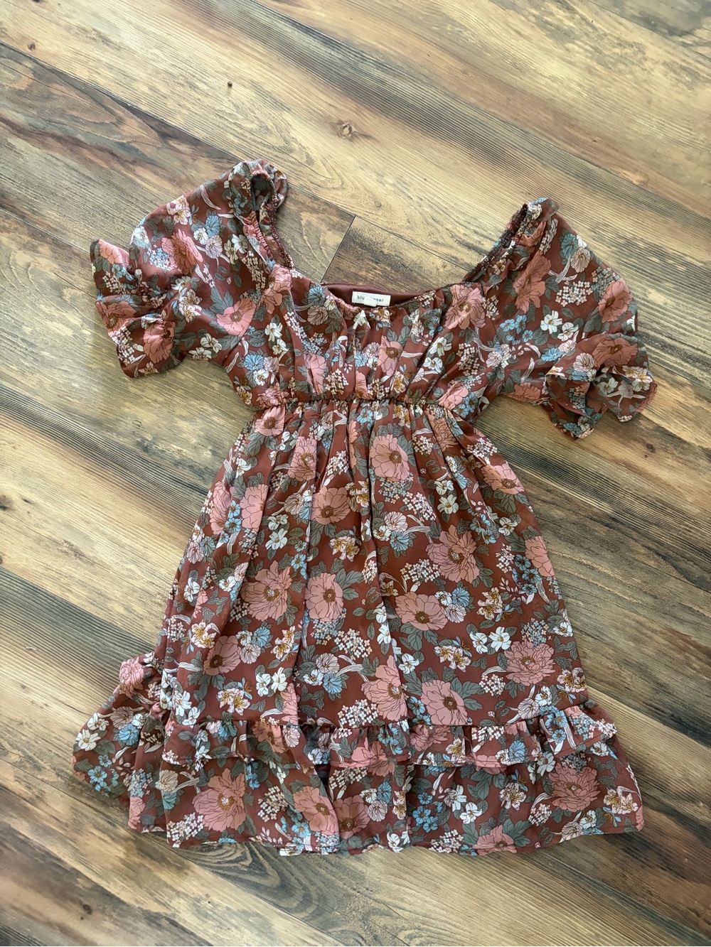Blu Pepper Pink Rust Floral Square-Neck Puff Sleeve Mini Dress
